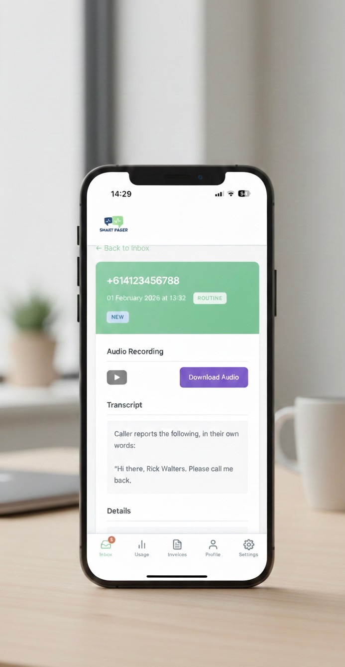Smart Pager message detail on a phone showing transcription and audio player